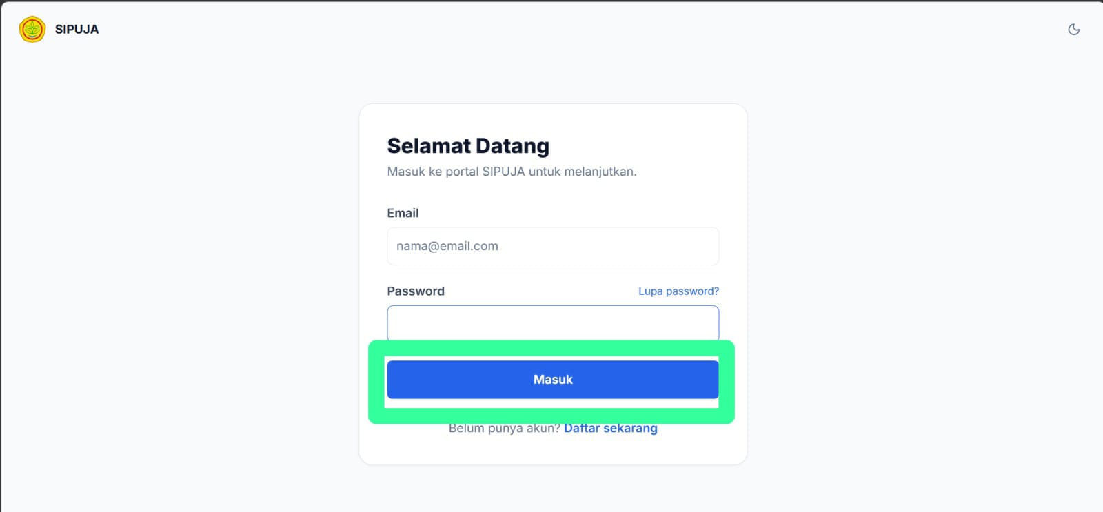 Tombol Masuk pada halaman utama SIPUJA