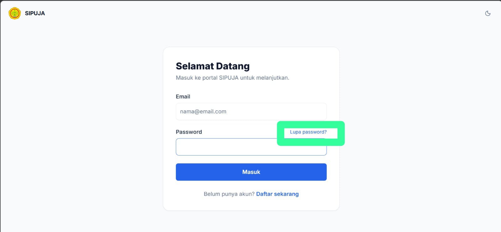 Tombol Lupa Password pada halaman masuk