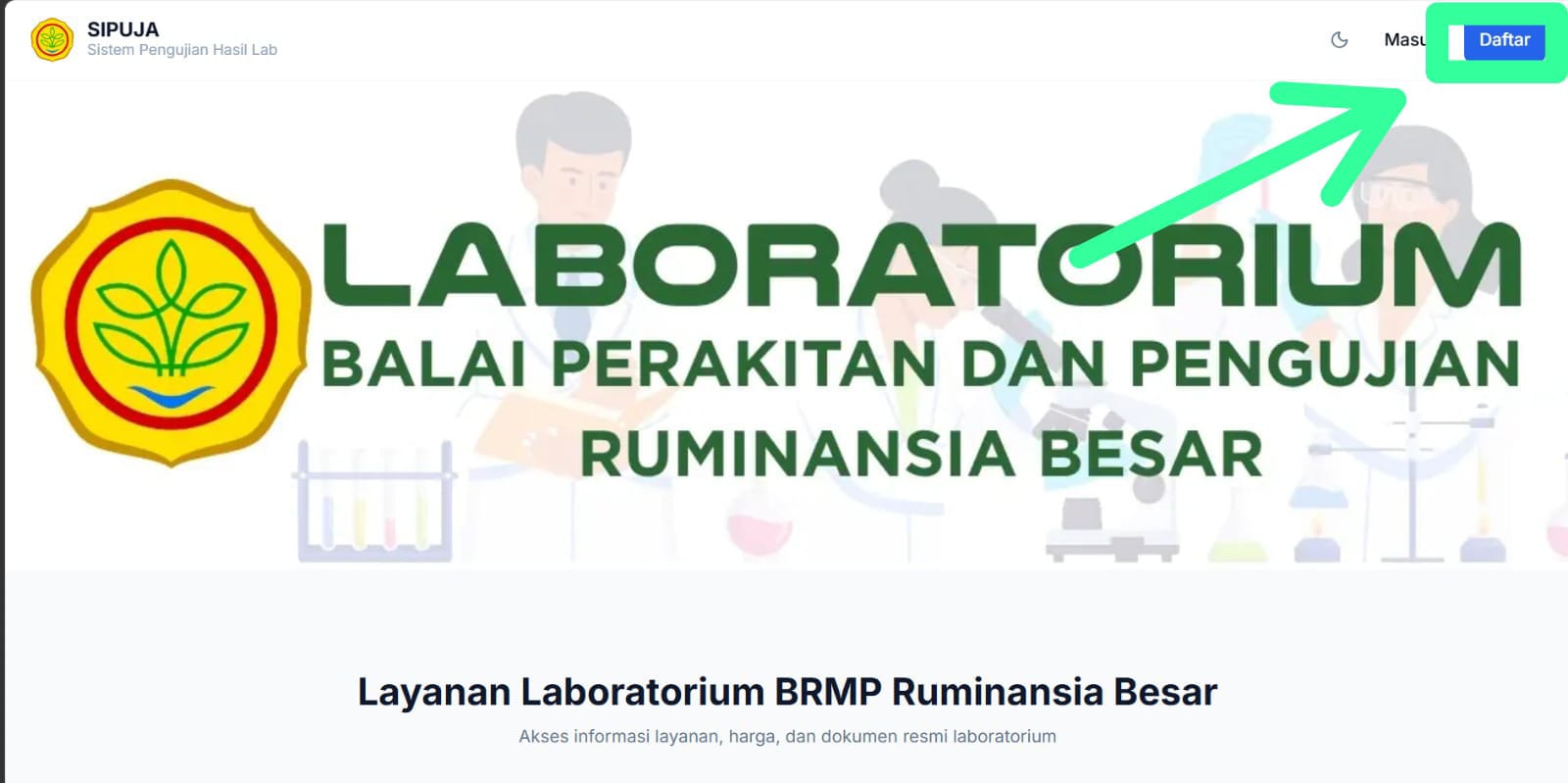 Tombol Daftar pada halaman utama SIPUJA